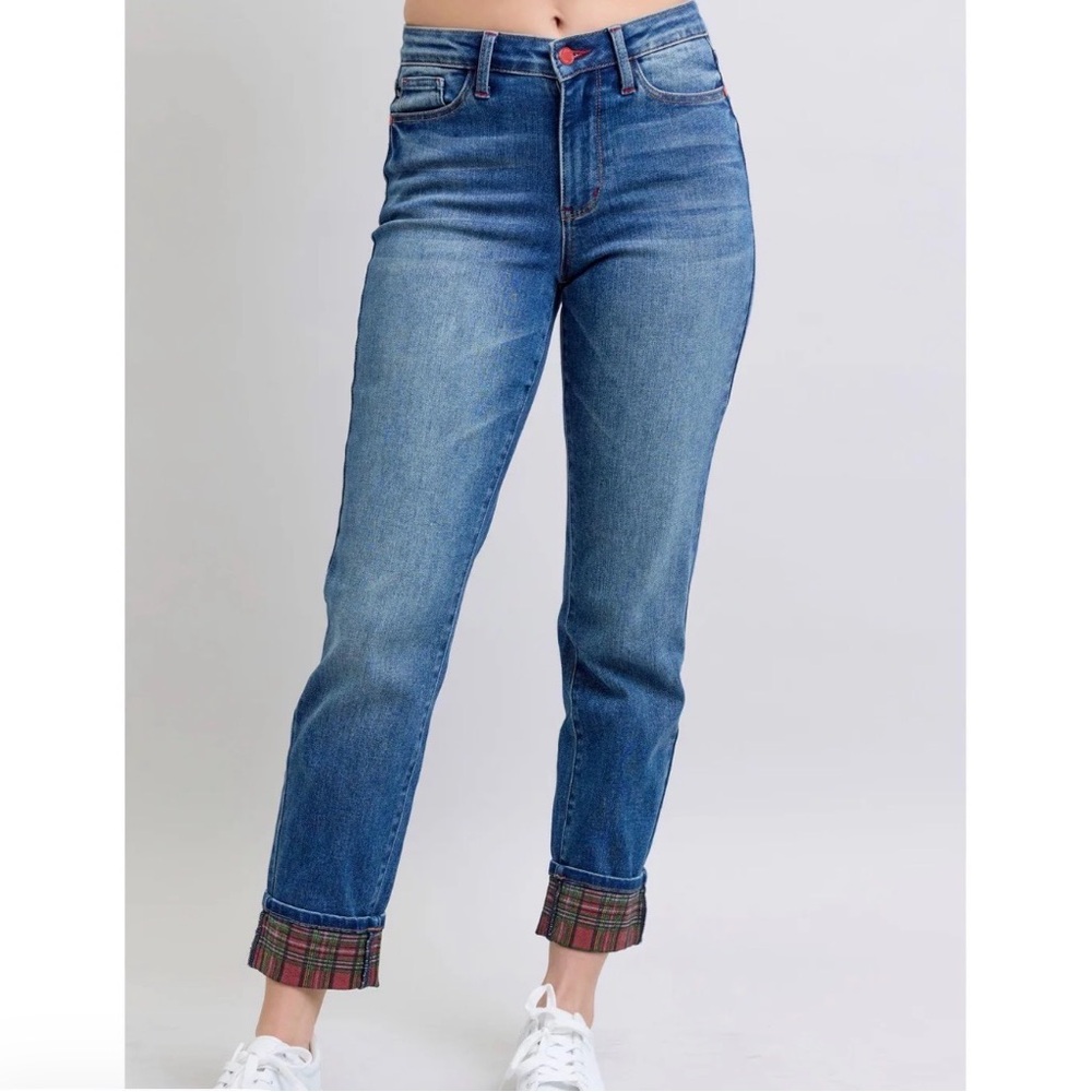JUDY BLUE Jeans with Plaid Cuffs-BOYFRIEND fit Style 88877 NWOT! Size Large